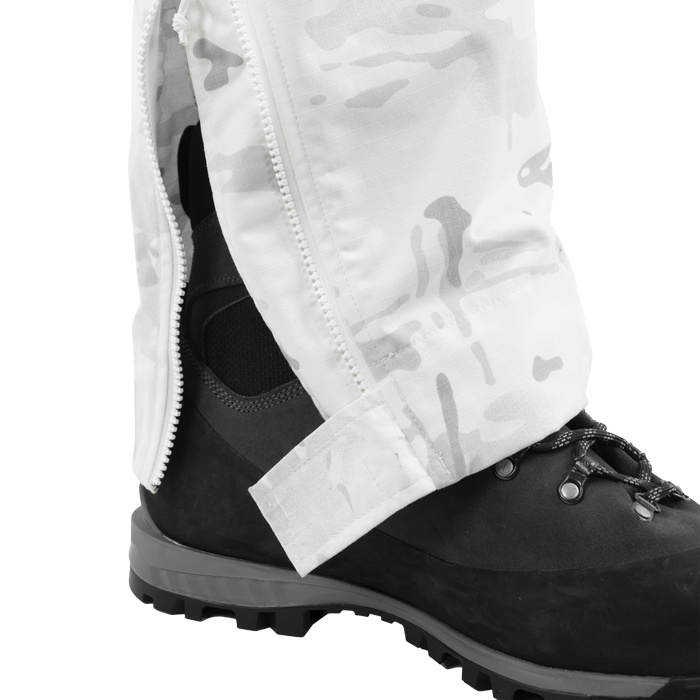 Inseam zippers for easy donning/doffing with alpine boots