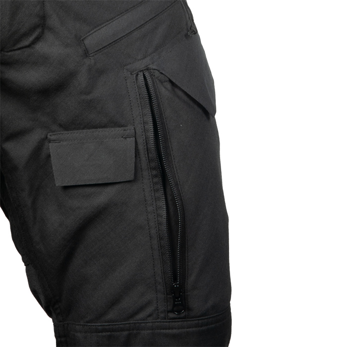 Set in low profile thigh cargo pocket, zippered front for entry while seated