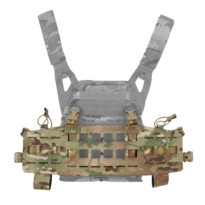Hidden vertical webbing loops on front carrier supports detachable chest rigs