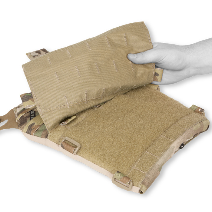 VELCRO® brand panel on the front of the carrier allows detachable MOLLE or mag pouch front flap