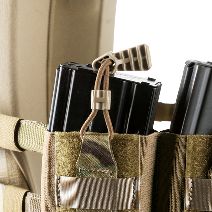 Adjustable shock cord and tabs allow for additional quick access