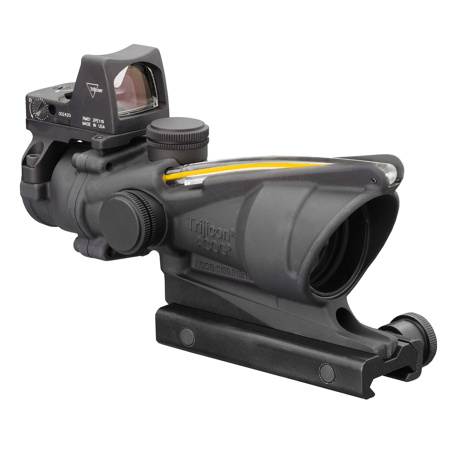 Trijicon 4x32 ACOG Scope, Dual Illuminated Amber Crosshair .223 Reticle w/ Colt Knob Thumbscrew Mount & LED 3.25 MOA Red Dot RMR Type 2