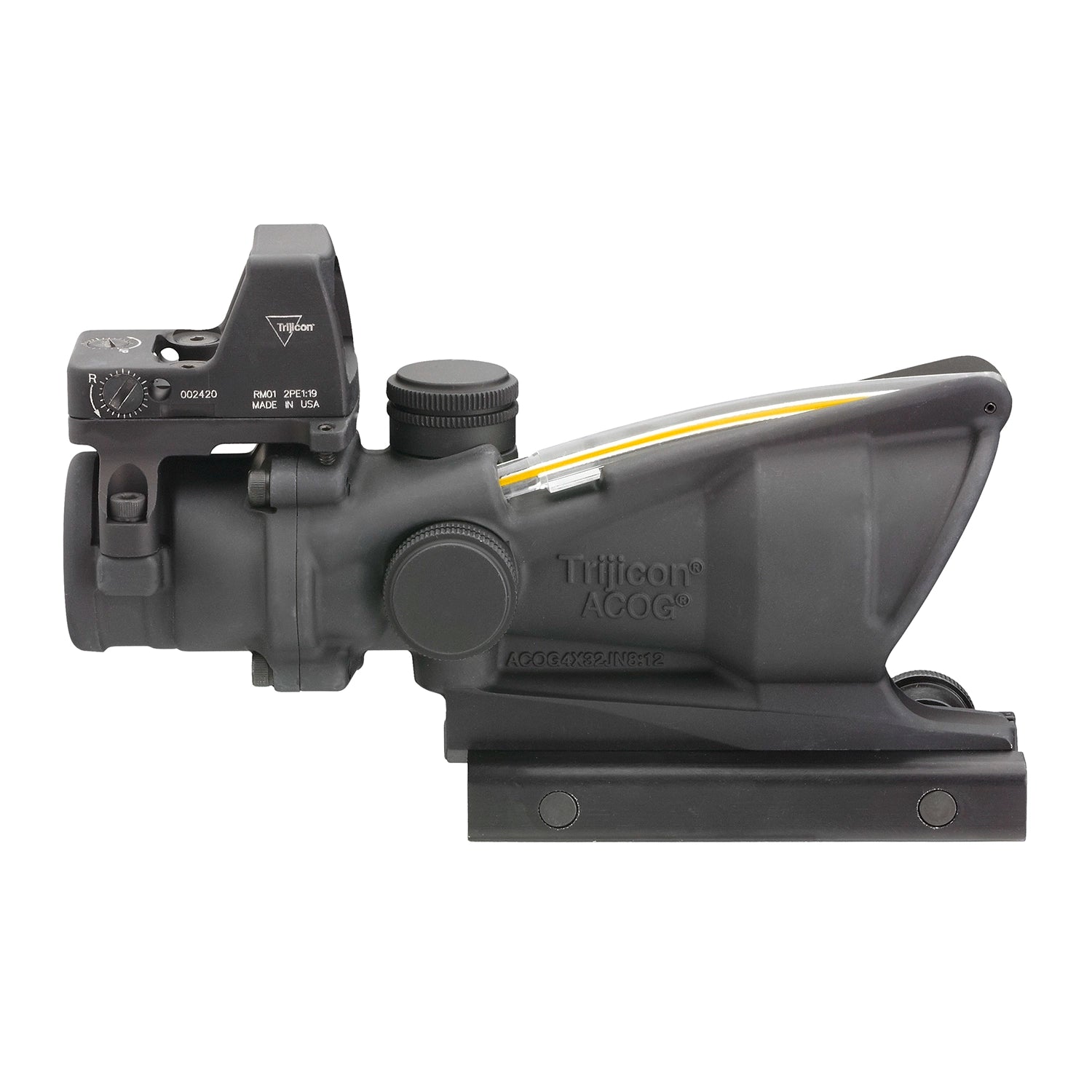Trijicon 4x32 ACOG Scope, Dual Illuminated Amber Crosshair .223 Reticle w/ Colt Knob Thumbscrew Mount & LED 3.25 MOA Red Dot RMR Type 2